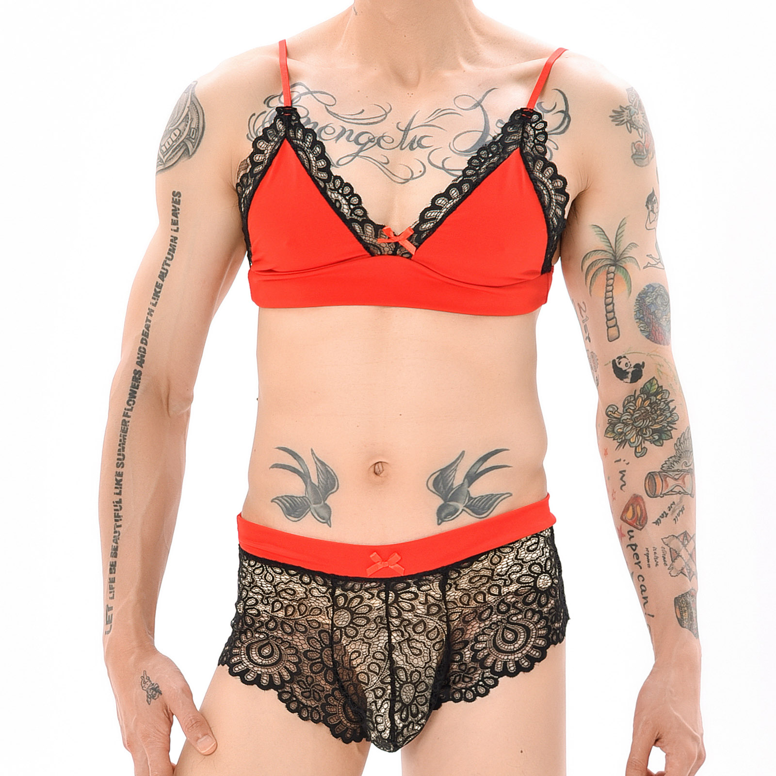 Lace Bralette Set - طقم لانجري رجالي مثير للتنكر، ملابس